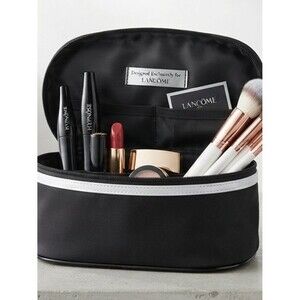 Lancôme Black Nylon Oval Cosmetic Bag Travel Makeup Case Silver Stripe